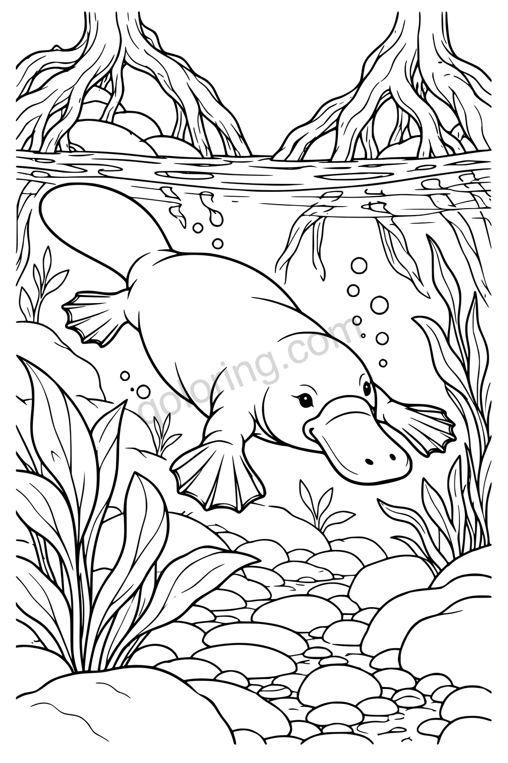 Black outline drawing of a platypus beneath creek roots.