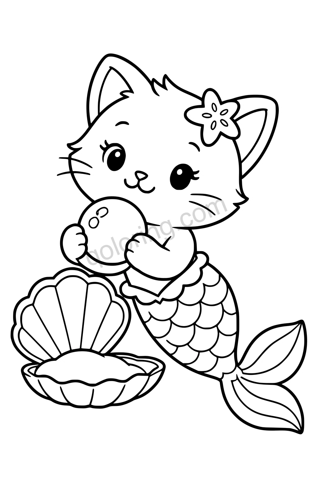 Black outline coloring page: Mermaid Kitten with a Pearl.