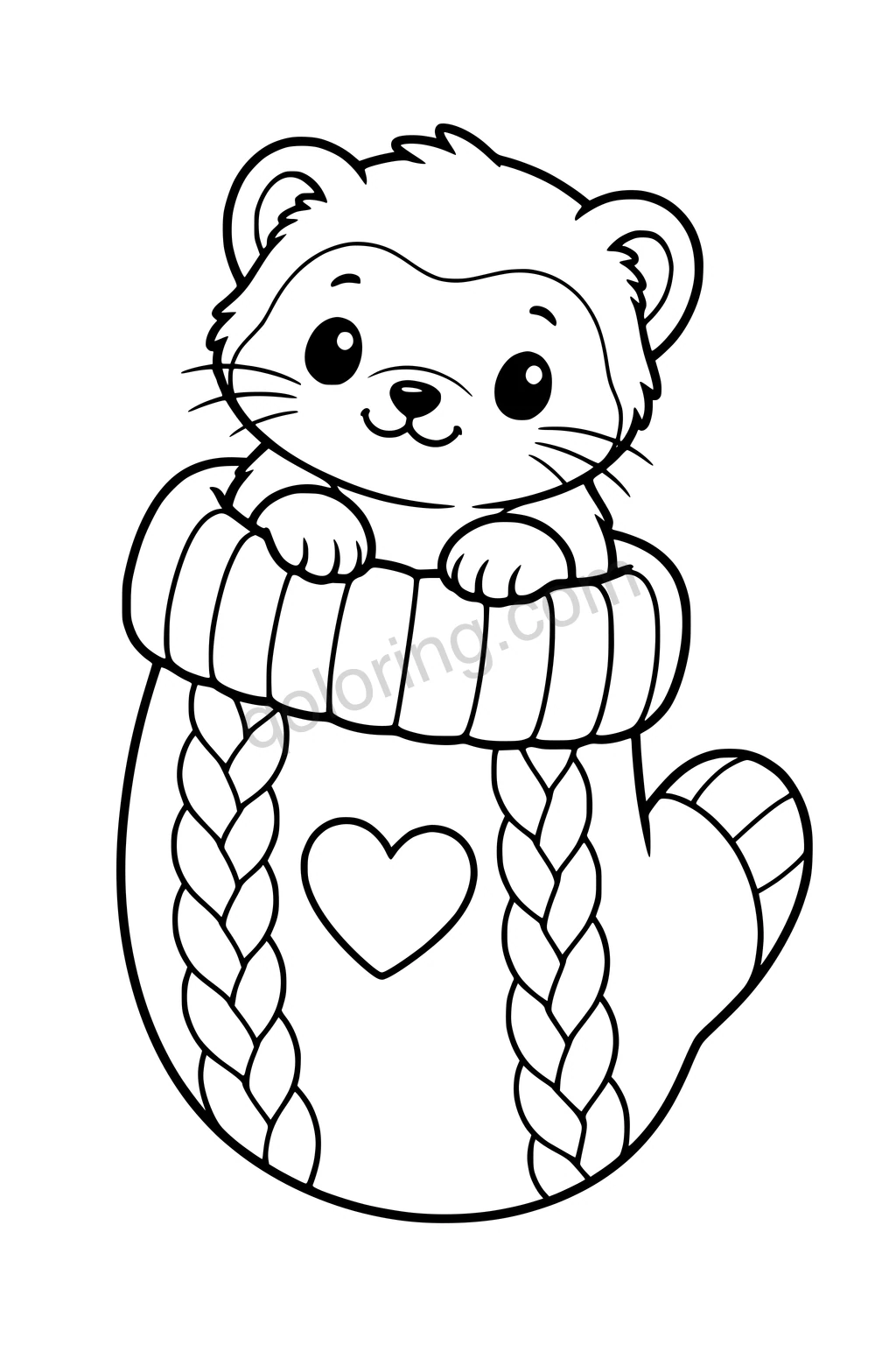 Black outline coloring page: Ferret Peeking from a Mitten.