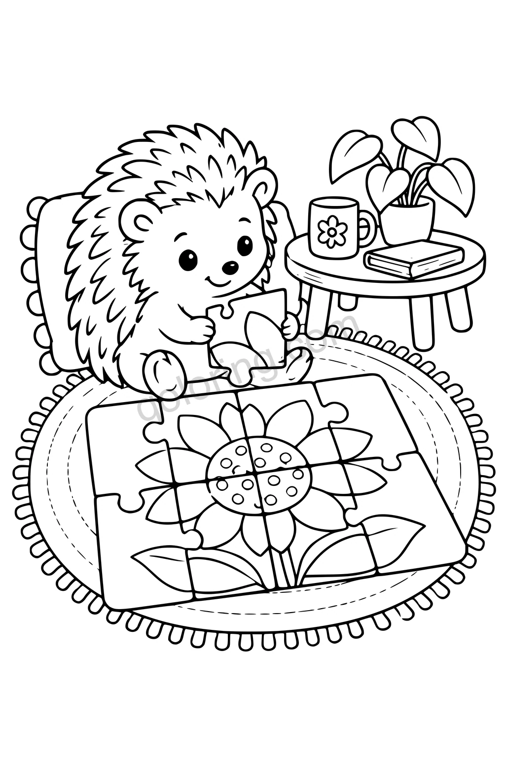 Black outline drawing of a hedgehog sitting on a broad mat assembling an oversized jigsaw puzzle showing a simple sunflower, with only eight large pieces and a low side table.
