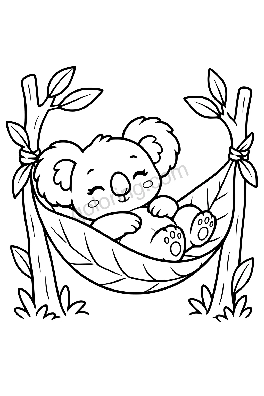 Black outline coloring page: Koala in a Leaf Hammock.