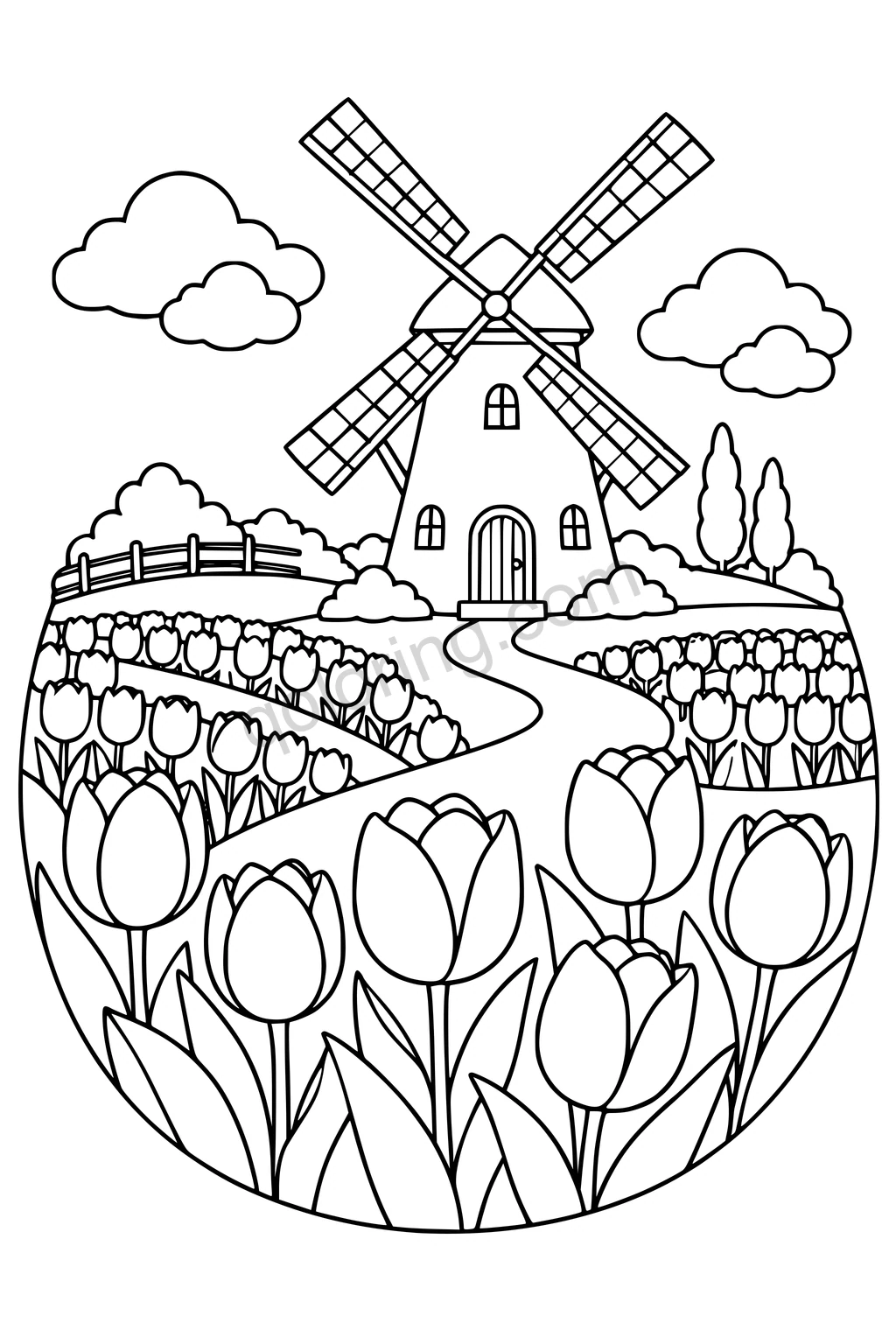 Black outline drawing of a windmill with four sails beyond tulip rows and a winding path.