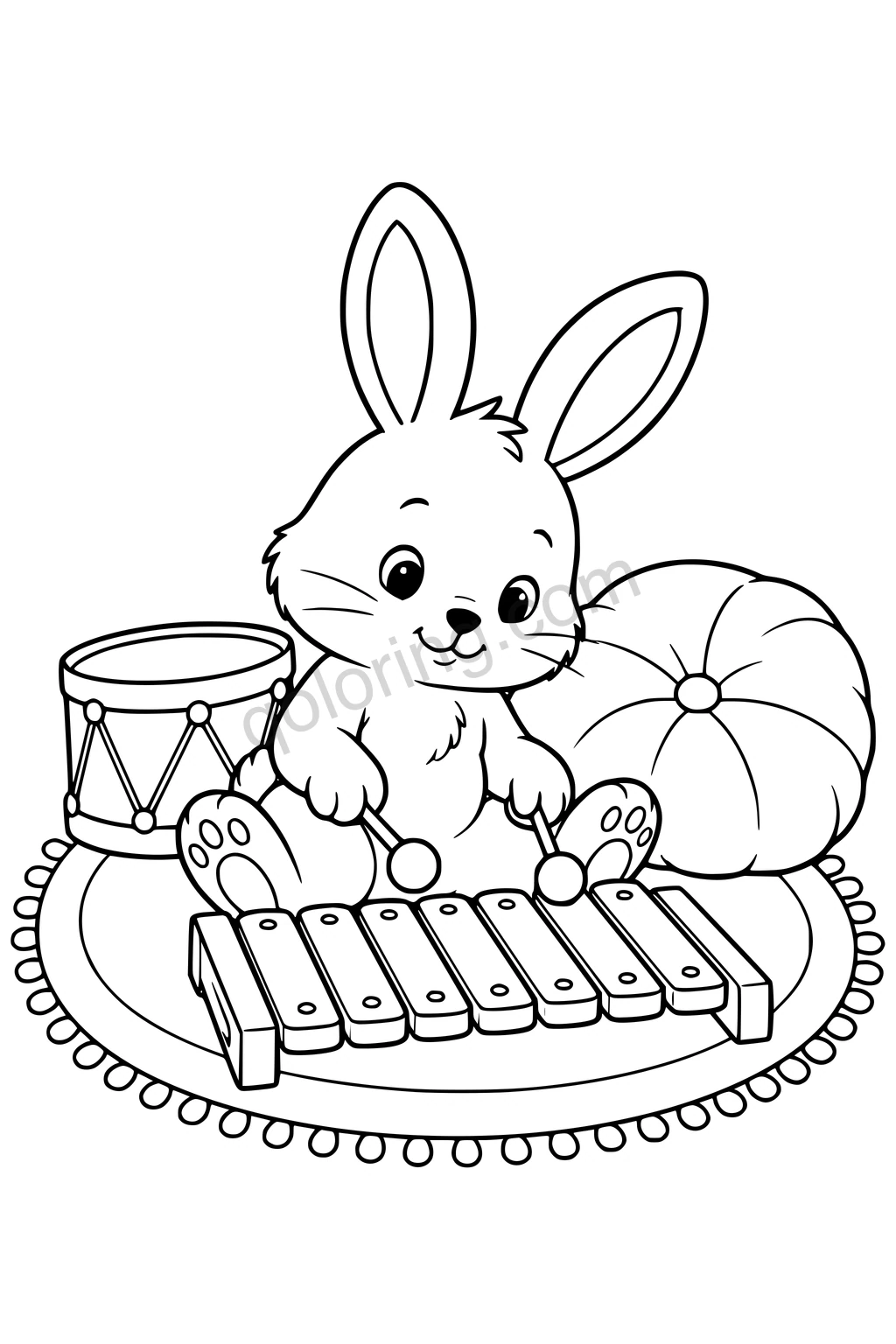 Rabbit playing a floor xylophone with two mallets on a round rug beside a toy drum and cushion.