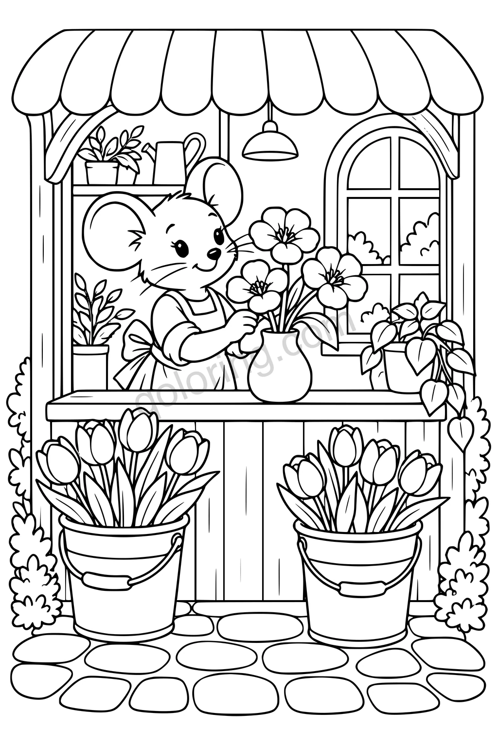 Mouse florist arranging flowers behind a counter with two buckets of tulips and an arched window.