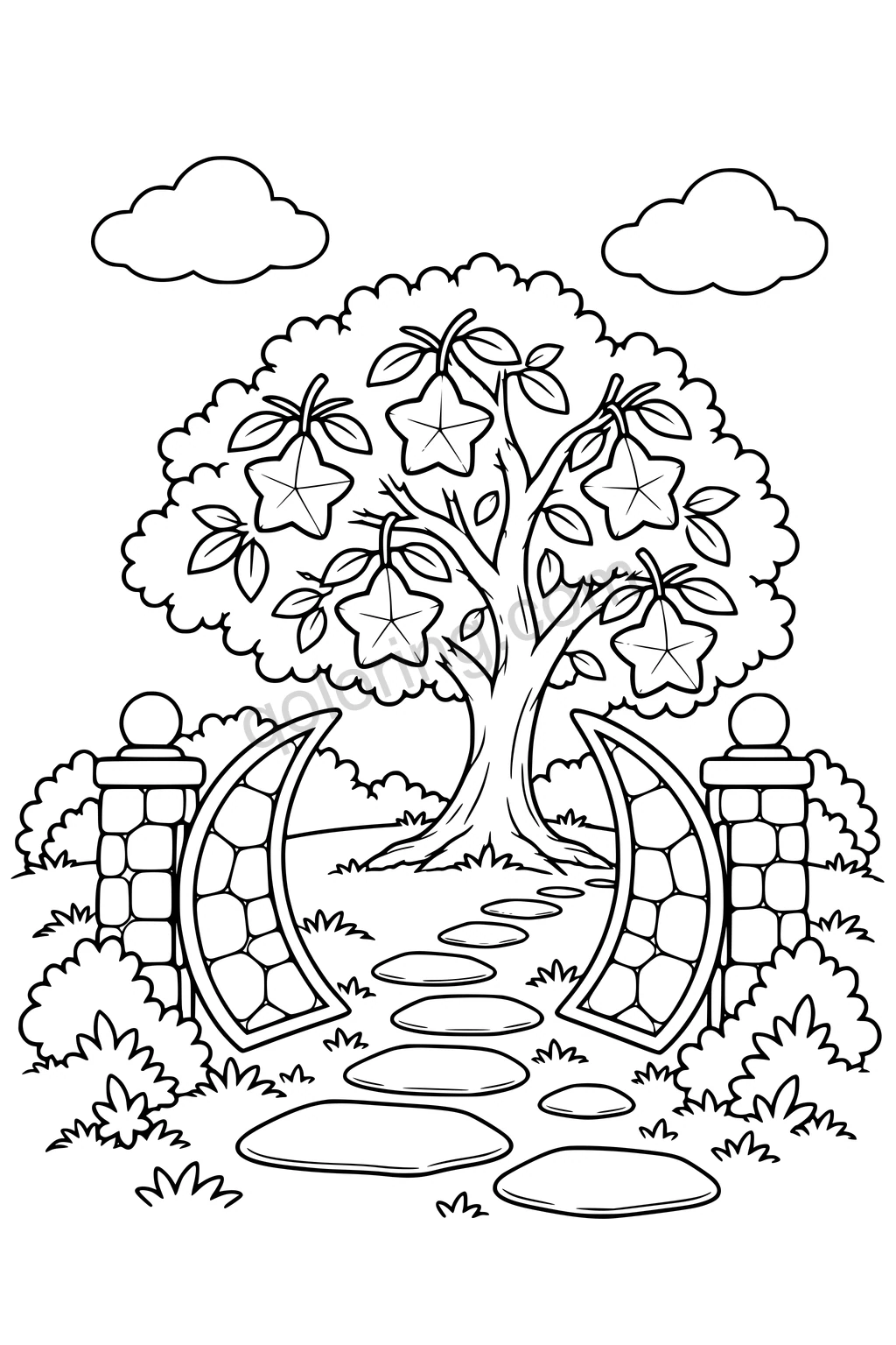 Black outline drawing of a star-fruit tree beyond crescent-shaped garden gates.
