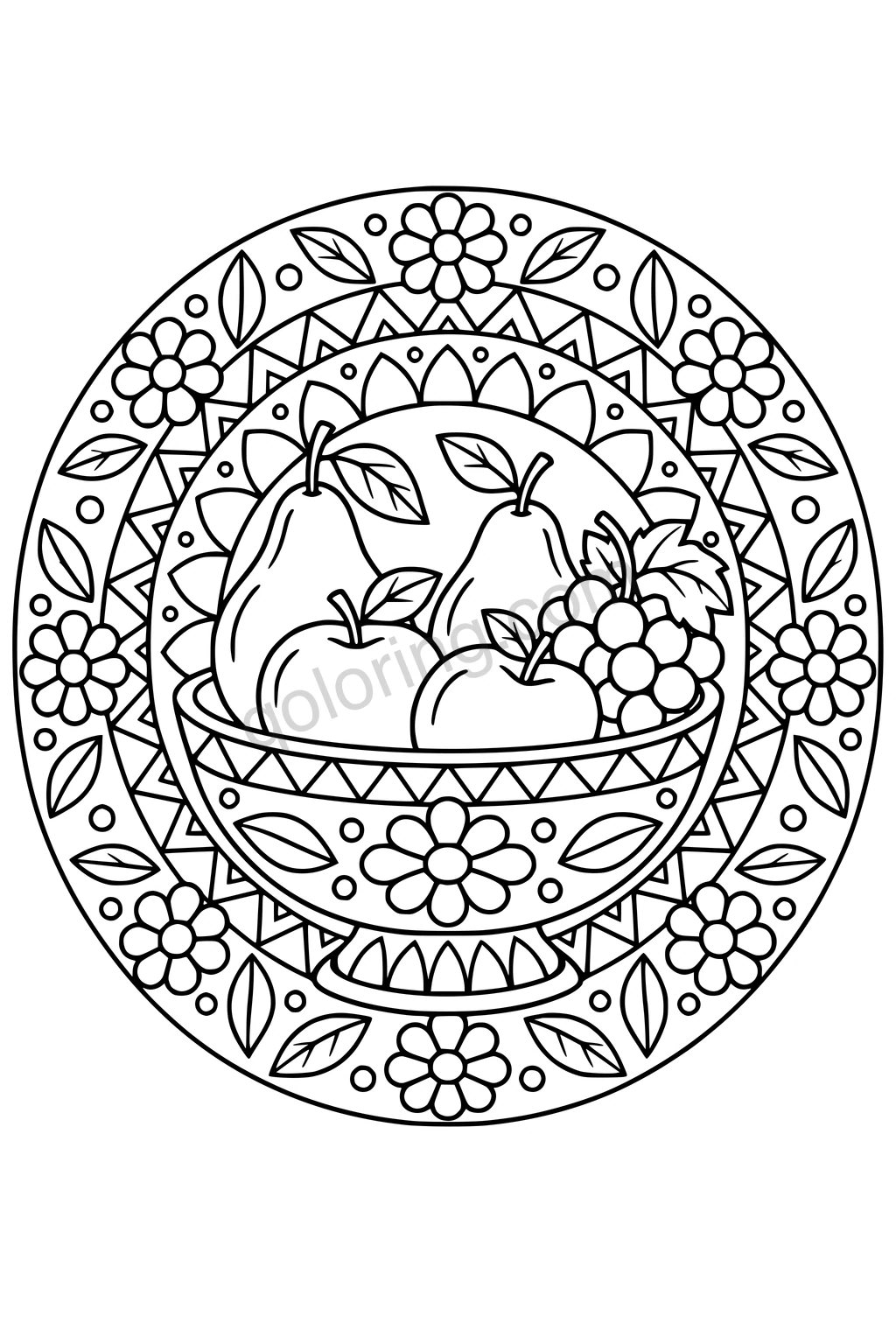 A bowl of pears, apples and grapes sits inside a circular border of flowers, leaves, dots and triangles.