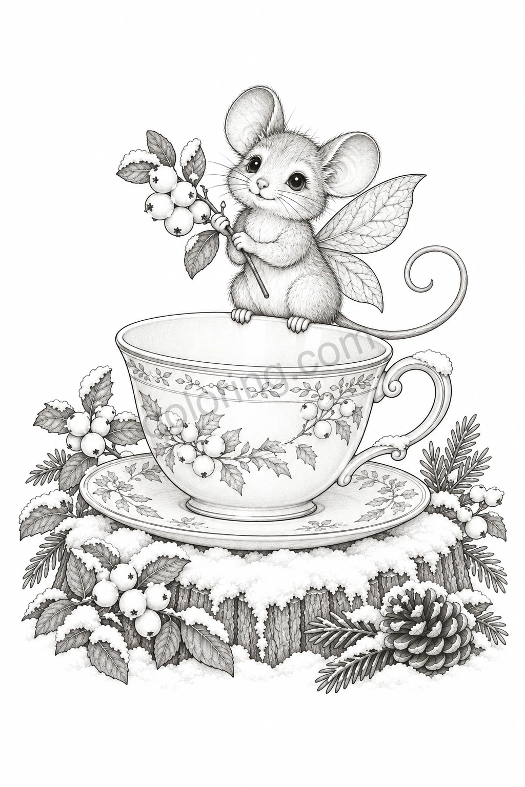 A tiny winged mouse holds a snowberry twig while standing in a floral teacup on a snowy stump.