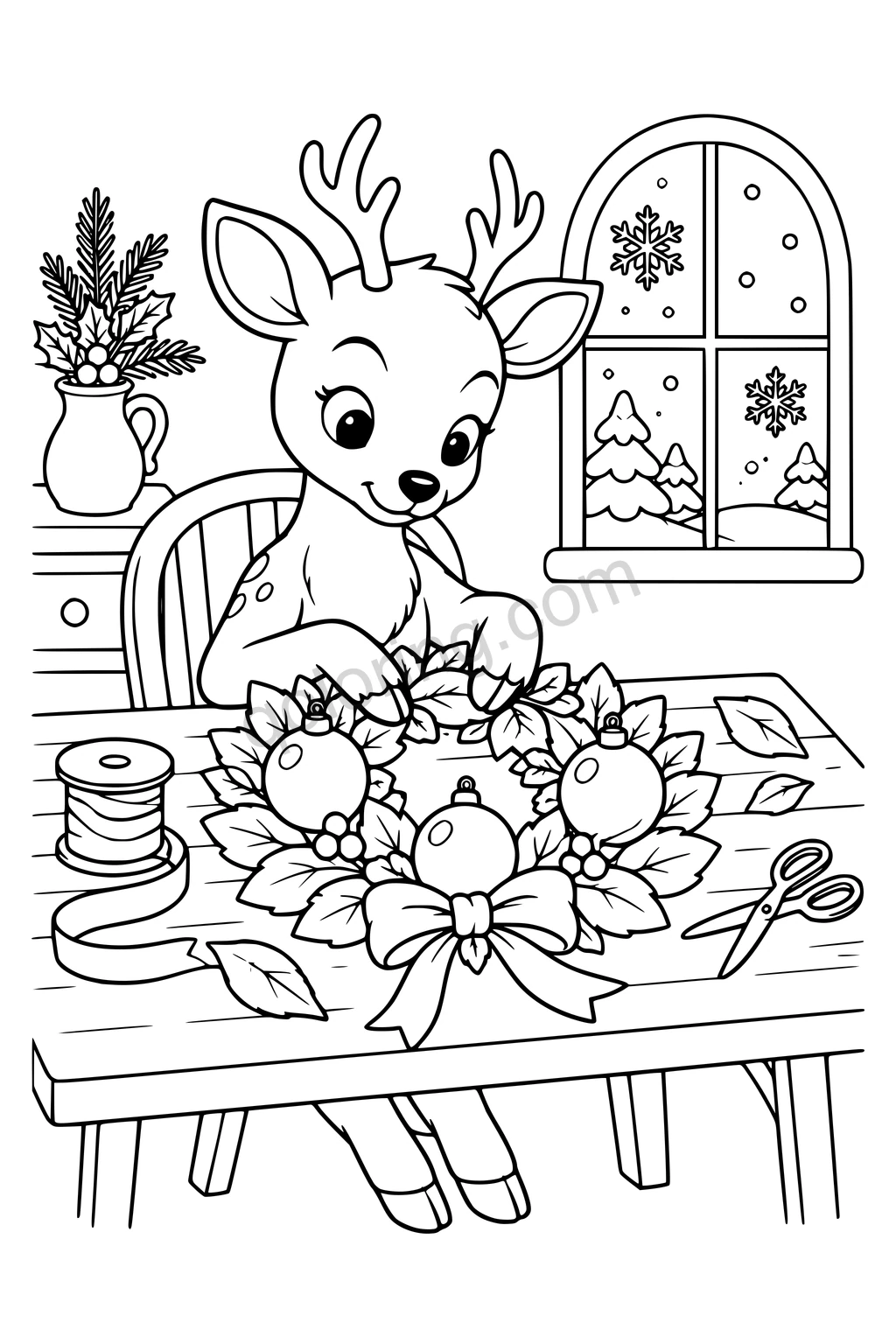 Deer making a leafy winter wreath with three ornaments, ribbon, scissors, and a snowy window.