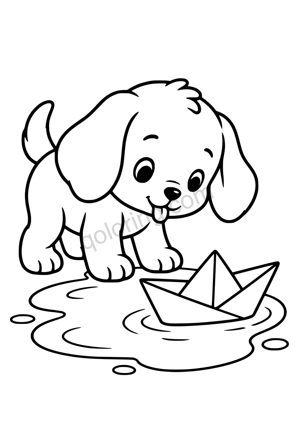 Black outline coloring page: Puppy and the Paper Boat.