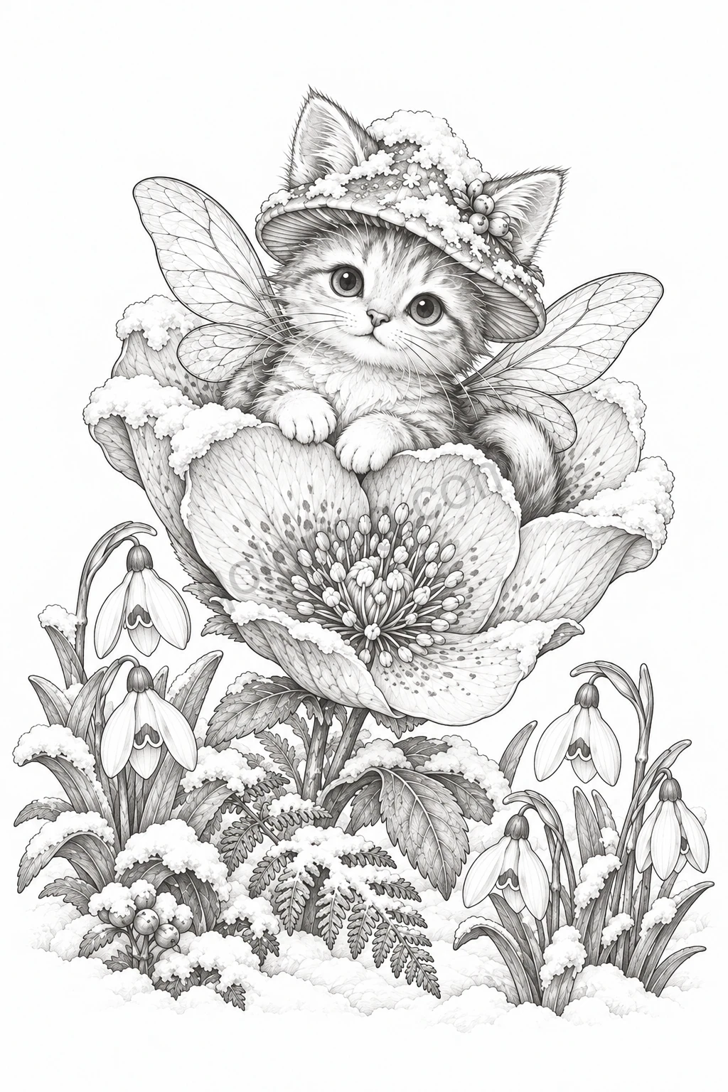 A kitten fairy wearing a snowy mushroom cap nestles in a winter flower above snowdrops and ferns.