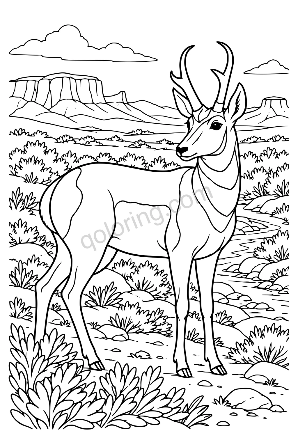Black outline drawing of a pronghorn in a sagebrush basin.